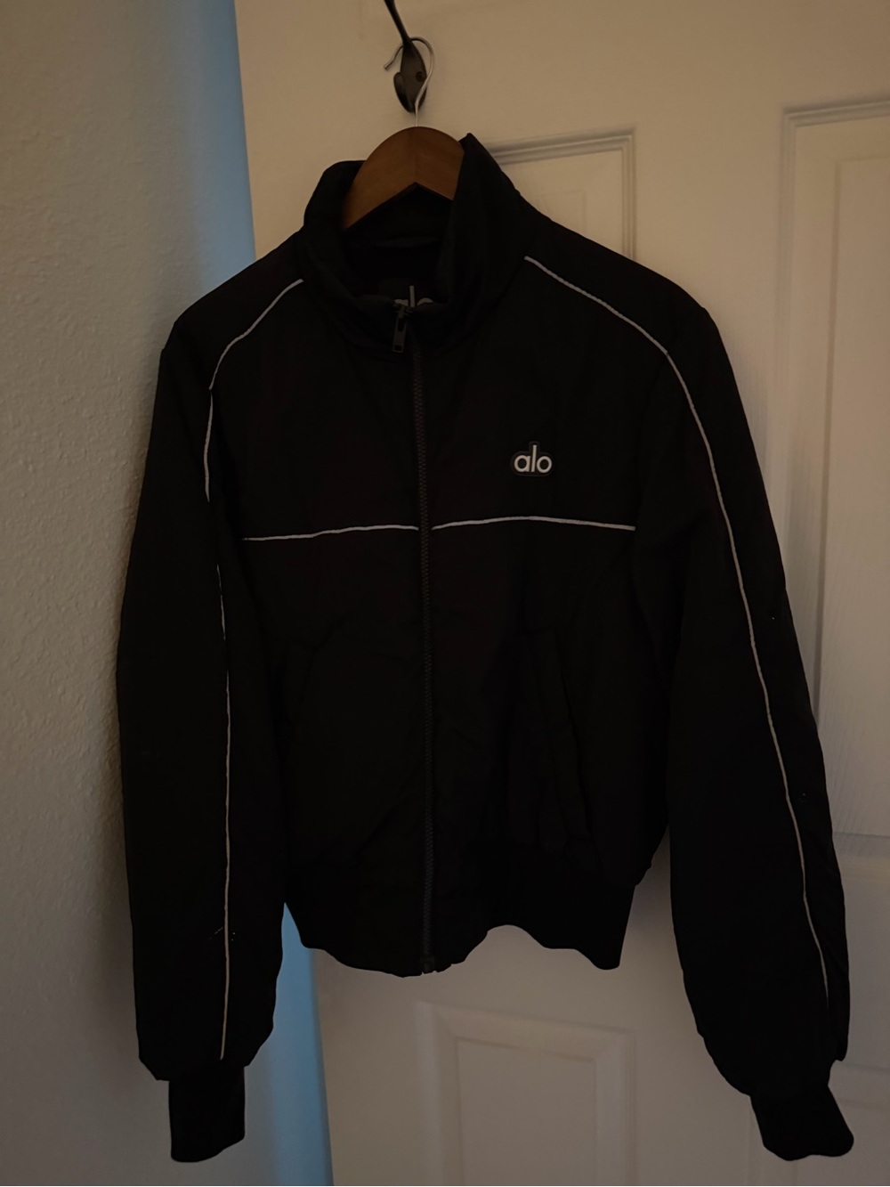 ALO Yoga Black Bomber Jacket with White Piping
